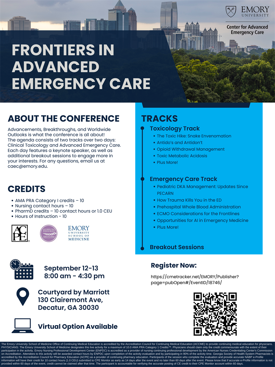Frontier in Advanced Emergency Care Conference will take place in Atlanta, Ga. (virtual option available) on September 12-13, 2024 with two tracks: Emergency Care and Toxicology 